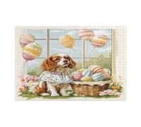 Puzzle per adulti con cane Cavalier King Charles Spaniel di Pasqua, 1000 pezzi, puzzle in legno con cucciolo di Victoria Country, decorazione stampata vintage per intrattenimento creativo