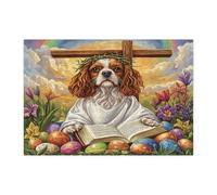 Puzzle per adulti con cane Cavalier King Charles Spaniel di Pasqua, 300 pezzi, puzzle in legno stampato retrò a forma di uovo con croce, decorazioni per feste di intrattenimento