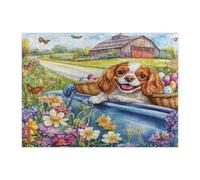 Puzzle per adulti con cane Cavalier King Charles Spaniel di Pasqua, 500 pezzi, puzzle stampati in legno con camion della fattoria, decorazioni per feste di intrattenimento