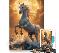 Puzzle per adulti con cavallo bianco impennato tra le onde dell'oceano,1000 pezzi,gioco stimolante per,dimensioni uniformi,pezzi precisi,ideale da portare in viaggio,gioco per allenare
