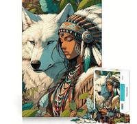 Puzzle per adulti con donna nativa americana e lupo, 1000 pezzi, gioco per esercitare la mente, rilassante, da assemblare, (38x52cm)