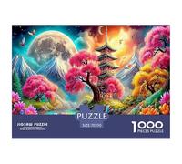 Puzzle per adulti con fiori di montagna e fiume per la decompressione: Pagoda di Pink Tree Big Moon Gioco educativo Sfida Decorazione murale 70x50cm/1000 pezzi