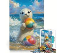 Puzzle per adulti con foca che gioca con palloni da spiaggia, 1000 pezzi, rompicapo, rilassante, con schema di montaggio, oggetto ideale per i desideri di Babbo Natale (38x26cm)