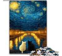 Puzzle per adulti con gatto bianco e nero e cielo stellato, 1000 pezzi, giochi educativi fai da te con poster abbinato e foglio di quiz per età 14+ (26x38cm)