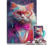 Puzzle per adulti con gatto che indossa occhiali 1000 pezzi per adolescenti antistress sfida difficile migliora l'amore tra coppie (50x75cm)
