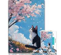 Puzzle per adulti con gatto e albero di ciliegio in fiore, 1000 pezzi, aiuta il cervello a esercitare i giocattoli avvincenti per coltivare la pazienza, un'opera d'arte 38x26cm