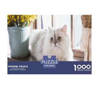 Puzzle per adulti con gatto persiano per la decompressione: gatto argentato dal muso piatto sul davanzale vicino ai fiori, gioco educativo, decorazione da parete, 38x26 cm/1000 pezzi