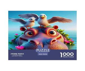 Puzzle per adulti con ippopotamo: ippopotamo con uccelli sulla testa, stimolante e stimolante per la decompressione, 70x50 cm/1000 pezzi