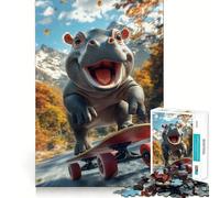 Puzzle per adulti con ippopotamo sorridente che fa skateboard, 1000 pezzi, per rafforzare la memoria, rilassante e divertente, con bordi di qualità, un regalo adorabile 38x26cm