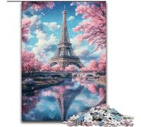 Puzzle per adulti con la Torre Eiffel in fiore di ciliegio, antistress per ammazzare il tempo in casa, con poster abbinato e foglio di quiz (50x75cm)