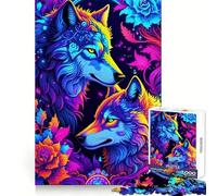 Puzzle per adulti con lupi al neon e decorazioni floreali, 1000 pezzi, gioco di logica e abilità, antistress, taglio preciso, regalo prezioso (50x75cm)