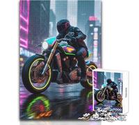 Puzzle per adulti con motocicletta al neon sotto la pioggia in città, 1000 pezzi, sfida mentale, gioco di apprendimento, sorpresa premurosa per le celebrazioni, dimensioni 38x26cm
