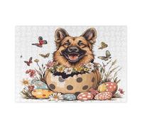 Puzzle per adulti con pastore tedesco primaverile, pasquale, 300 pezzi, divertenti uova carine cuccioli, puzzle in legno stampato, decorazioni con motivo floreale, per l'intrattenimento domestico
