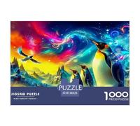 Puzzle per adulti con pinguini per la decompressione: pinguini sotto il cielo cosmico colorato, gioco educativo, sfida, decorazione da parete 38x26 cm/1000 pezzi