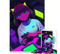 Puzzle per adulti con ragazza anime neon gamer e gatto, 1000 pezzi, gioco di logica e abilità, antistress, taglio preciso, regalo elegante (38x26cm)