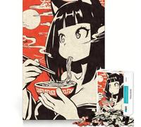 Puzzle per adulti con ragazza gatto anime che mangia ramen,1000 pezzi,gioco di logica,regalo,taglio di precisione,rilassante,attività di gruppo al chiuso (50x75cm)