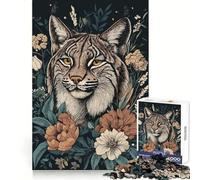 Puzzle per adulti con ritratto di lince rossa e composizione floreale, 1000 pezzi, esercizio mentale, passatempo rilassante, incastro perfetto, regalo festivo (38x52cm)