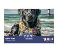 Puzzle per adulti con simpatici cani: cane nero indossa una ghirlanda floreale in riva al mare, giochi educativi adatti per la decompressione e decorazioni murali 38x26 cm/1000 pezzi