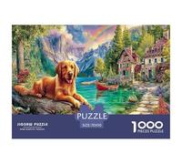 Puzzle per adulti con simpatici cani per la decompressione: Golden Retriever in riva al lago, gioco educativo, decorazione da parete 70x50 cm/1000 pezzi