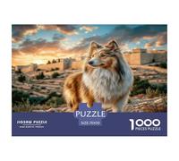 Puzzle per adulti con simpatico cane da compagnia: Shetland Sheepdog vicino all'antica città, divertente regalo e attività per la decorazione murale della casa, 70x50 cm/1000 pezzi