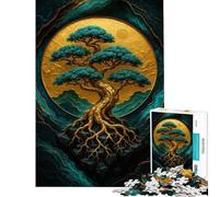 Puzzle per adulti da 1000 pezzi albero bonsai dorato su sfondo verde acqua Un gioco rilassante divertente e spiritoso ideale come regalo di compleanno (Dimensioni 38x52cm)