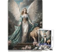Puzzle per adulti da 1000 pezzi Angelo della natura con leone in giardino fiorito, Arcangelo Ariel Bellissimo design Analisi del gioco e logica Regali di Babbo Natale segreto Dimensioni 38x26cm