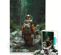 Puzzle per adulti da 1000 pezzi: Astronauta con casco a forma di boccia per pesci in una foresta, gioco pratico, rilassante e stimolante per la mente, adatto come decorazione da scrivania, 38x26cm