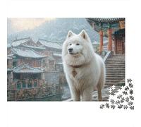 Puzzle per Adulti da 1000 Pezzi Cane da Compagnia | Gioco Educativo Cane Bianco vicino al Tempio Regalo per Adulti e Famiglie 52x38cm