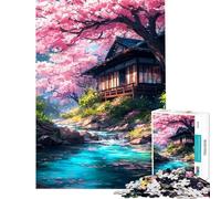 Puzzle per adulti da 1000 pezzi casa giapponese in riva al fiume con ciliegi in fiore puzzle per adulti giochi rilassanti difficile regalo per amici e familiari (dimensioni 38x26cm)