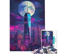 Puzzle per adulti da 1000 pezzi città al neon e cielo illuminato dalla luna ideale per adolescenti perfetto per passare il tempo durante le vacanze come regalo di compleanno o di Natale 38x26cm