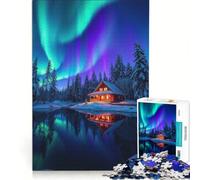 Puzzle per adulti da 1000 pezzi "Comoda baita invernale sotto l'aurora boreale", gioco educativo, divertente e spiritoso, ideale come decorazione da scrivania 38x26cm