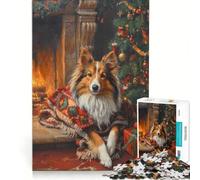 Puzzle per adulti da 1000 pezzi con accogliente dipinto natalizio di un cane Shetland Sheepdog accanto al camino, decorazione da parete, regalo di compleanno, per rafforzare l'amore tra le coppie