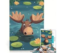 Puzzle per adulti da 1000 pezzi con alce dei cartoni animati che nuota in uno stagno, gioco per famiglie, per divertimento in famiglia, compleanno e Natale 50x75cm