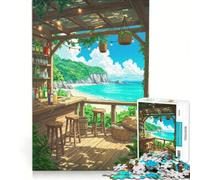 Puzzle per adulti da 1000 pezzi con bar sulla spiaggia e vista sull'oceano, decorazione da parete, oggetto d'arredo, con pezzi di forma casuale completamente ad incastro 38x52cm