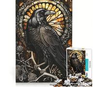 Puzzle per adulti da 1000 pezzi con corvo in stile vetrata artistica gioco rilassante attività divertenti da fare a casa con poster abbinato e foglio di curiosità 38x26cm