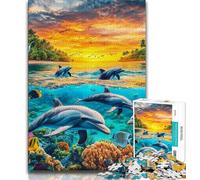 Puzzle per adulti da 1000 pezzi con delfini e oceano per ammazzare il tempo in vacanza con poster abbinato e foglio di quiz 75x50cm
