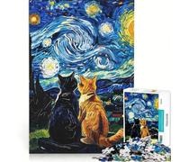 Puzzle per adulti da 1000 pezzi con dipinto di gatti sotto un cielo stellato, gioco per famiglie, migliora la memoria, adatto come decorazione da scrivania 38x26cm