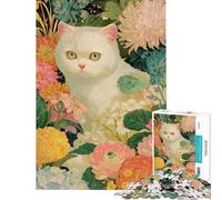 Puzzle per adulti da 1000 pezzi con dipinto di un gatto bianco in un giardino fiorito Puzzle per adulti giochi per famiglie regali per donne divertimento a casa (dimensioni 38x52cm)