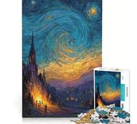 Puzzle per adulti da 1000 pezzi con dipinto di un villaggio ispirato alla Notte Stellata gioco per famiglie impegnativo e stimolante compleanno e Natale 50x75cm