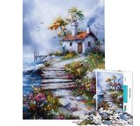 Puzzle per adulti da 1000 pezzi con dipinto di una casetta sulla costa gioco di decorazione murale attività di assemblaggio per genitori e figli (dimensioni 38x26cm)