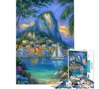 Puzzle per adulti da 1000 pezzi con dipinto di una città costiera barca a vela e montagna Gioco pratico per adulti decorazione perfetta compleanni e Natale (dimensioni 50x75cm)