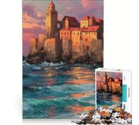 Puzzle per adulti da 1000 pezzi con dipinto di una cittadina costiera al tramonto, ideale per giochi in famiglia e decorazioni murali, con pezzi a incastro di forma casuale 38x26cm
