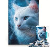 Puzzle per adulti da 1000 pezzi con elegante ritratto di gatto bianco dagli occhi azzurri, gioco rilassante, antistress, collezione d'artista, opera d'arte 50x75cm