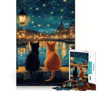 Puzzle per adulti da 1000 pezzi con gatti e paesaggio urbano notturno,ritaglio preciso,gioco creativo,giocattolo rilassante,regalo di Natale tranquillo (50x75cm)