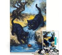 Puzzle per adulti da 1000 pezzi con gatti neri e mela vicino a una cascata, gioco rompicapo, regalo di compleanno, adatto come decorazione da scrivania 38x26cm
