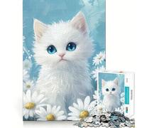 Puzzle per adulti da 1000 pezzi con gattino bianco e margherite,sfida mentale,taglio preciso,allineamento perfetto,divertimento in famiglia,attività serale (38x52cm)