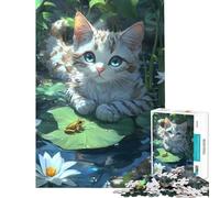 Puzzle per adulti da 1000 pezzi con gattino e rana su una ninfea Gioco educativo giocattolo didattico ideale come regalo per tutta la famiglia (dimensioni 38x26cm)