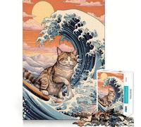 Puzzle per adulti da 1000 pezzi con gatto che fa surf sull'onda di Kanagawa,disegno dai bordi precisi,gioco di costruzione,decorazione natalizia da parete (50x75cm)