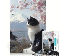 Puzzle per adulti da 1000 pezzi con gatto che osserva il Monte Fuji,paesaggio giapponese,design finemente intagliato,attività stimolante per la mente,momento di relax,decorazione natalizia (38x26cm)