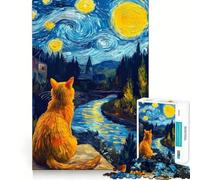 Puzzle per adulti da 1000 pezzi con gatto che osserva un paesaggio notturno stellato,taglio di alta qualità,divertente e logico,gioco facile,decorazione natalizia da parete (38x26cm)